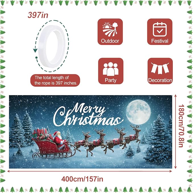 Merry Christmas Red Sleigh Garage Door Banner 6x13FT, Santa - Image 4