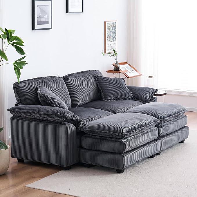 84.6” Corduroy Loveseat with Ottoman, Oversized Double Chaise Lounge Chair - Image 10