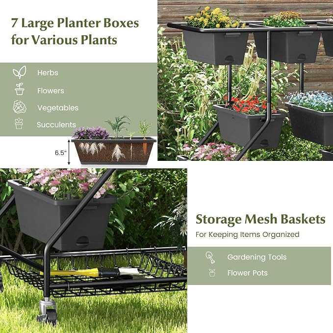 Giantex Rolling Raised Garden Bed w/ 7 Planter Boxes, Storage Baskets, Drainage - Image 4