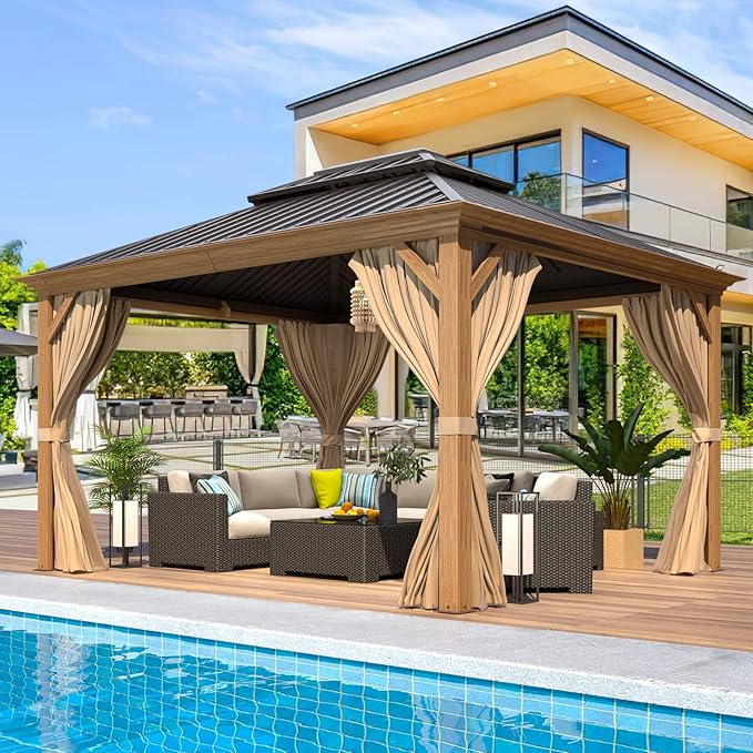 EROMMY 10'x12' Gazebo, Wood Grain Aluminum Frame Canopy by EROMMY
