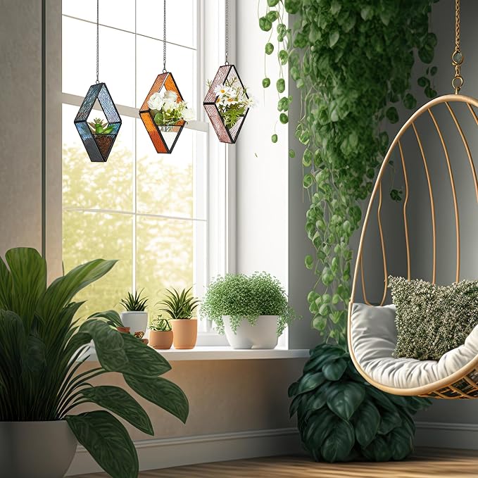 Yaomiao 3 Pcs Stained Glass Hanging Plant Terrariums Hanging Glass Planter - Image 6