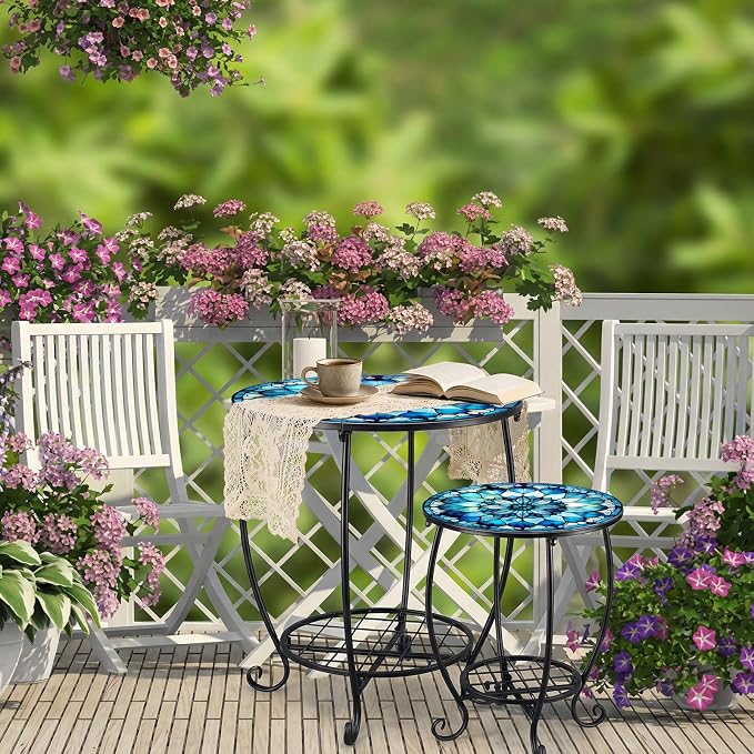 2 Pcs Outdoor Side Table Small Patio Round Mosaic Accent Indoor End Table Plant - Image 8