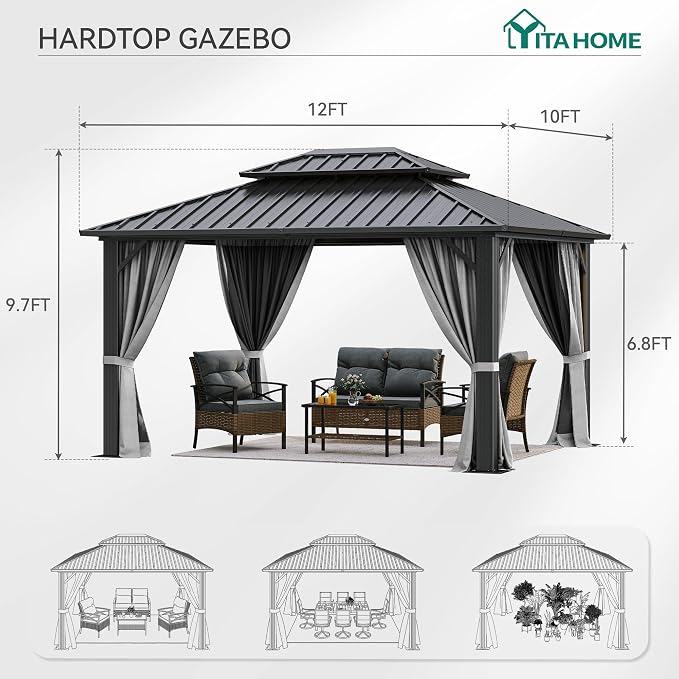 YITAHOME 10X12FT Hard Top Metal Gazebo Patios Double Roof Canopy Aluminum Frame - Image 7