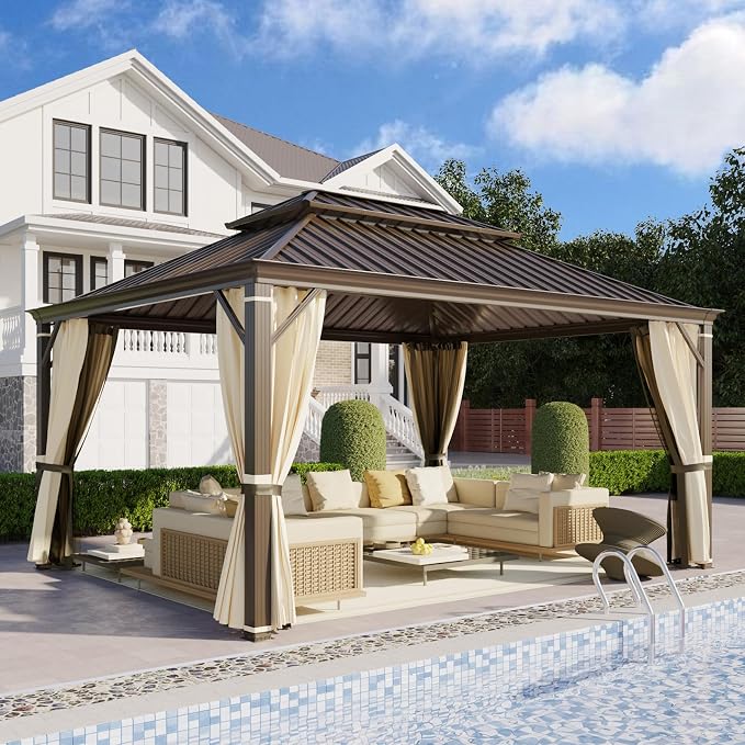 YOLENY 12' x 16' Gazebo, Galvanized Steel Double Roof Hardtop Gazebo by YOLENY