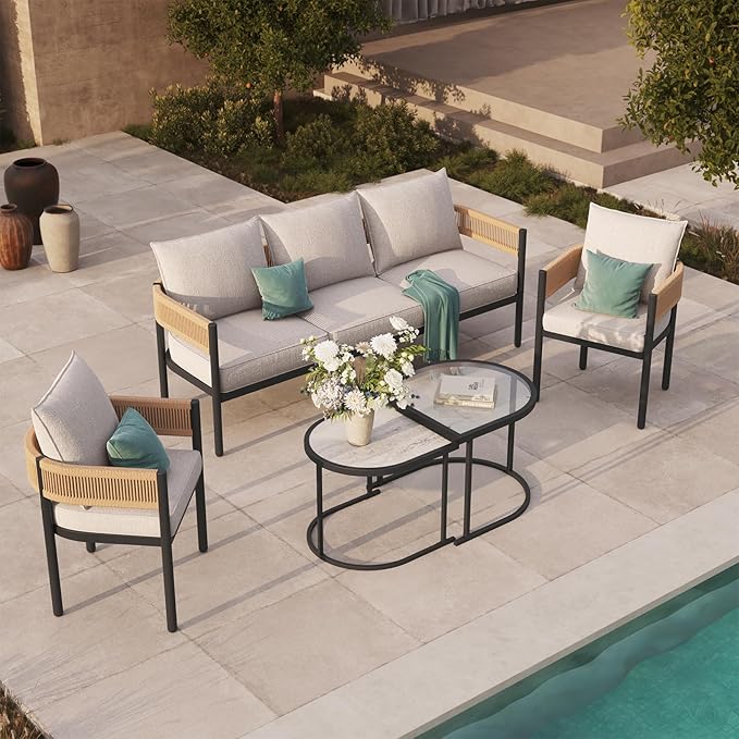 Grand patio 5-Piece Outdoor Furniture Set, 5 Seats Wicker Sofa Conversation Set by GrandPatio