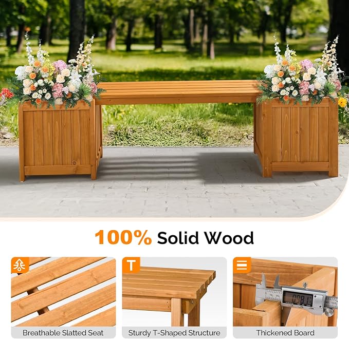VINGLI Outdoor Wood Bench with Planter Boxes, 2-in-1 All-Weather Porch Bench - Image 4