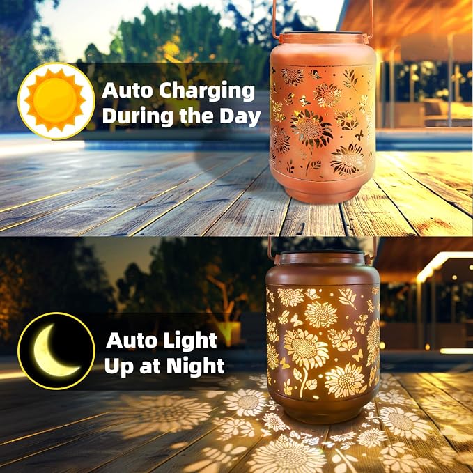 Sunflower Solar Lantern Outdoor Waterproof, Metal Hanging Solar Powered Lantern - Image 4