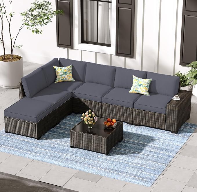 Jing's Villa 7-Piece Patio Furniture Set, All-Weather Outdoor Wicker Sectional by JingsVillaOutdoorFurniture