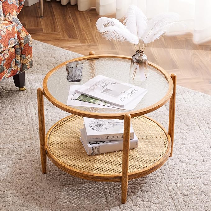VINGLI 25.6" Rattan Coffee Table, Round Water-Wave Glass Metal Center Table - Image 8