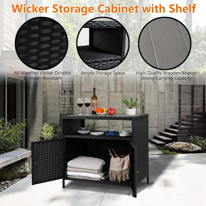 IDEALHOUSE Patio Outdoor Wicker Storage Cabinet，Patio Bar Table - Image 6