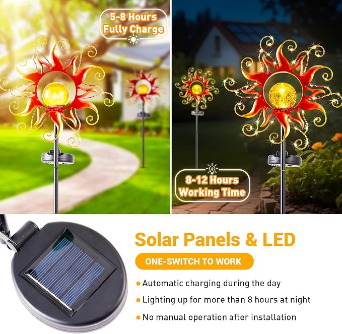 Solar Lights Outdoor Waterproof Red Sun Metal Crackle Glass Stake Decorative - Image 6