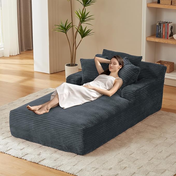 80 Inch Chaise Lounge Chair Indoor, Oversized Corduroy Upholstered Boneless by HANXIN