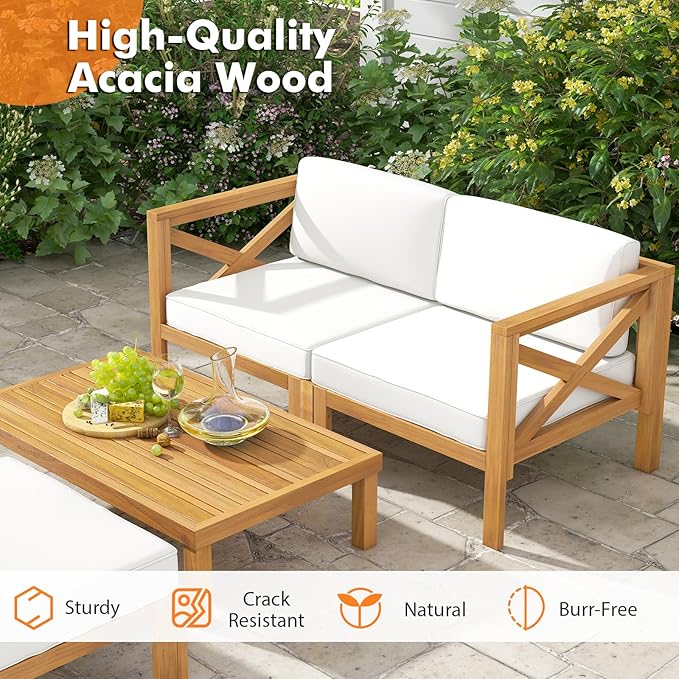 Tangkula 5 Piece Outdoor Conversation Furniture Set, Acacia Wood Sectional Sofa - Image 7