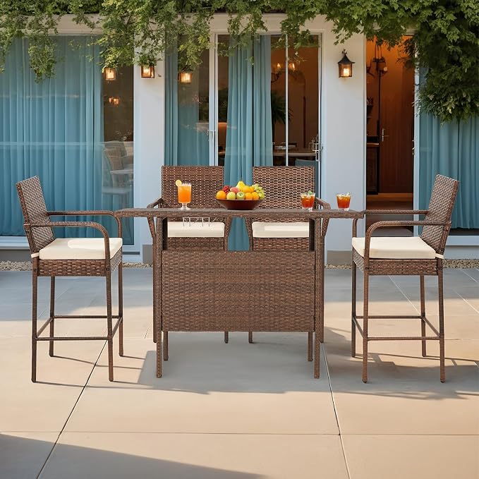 ECOTOUGE Patio Rattan Barstools Set of 4, Outdoor Wicker Bar Height Chairs - Image 5