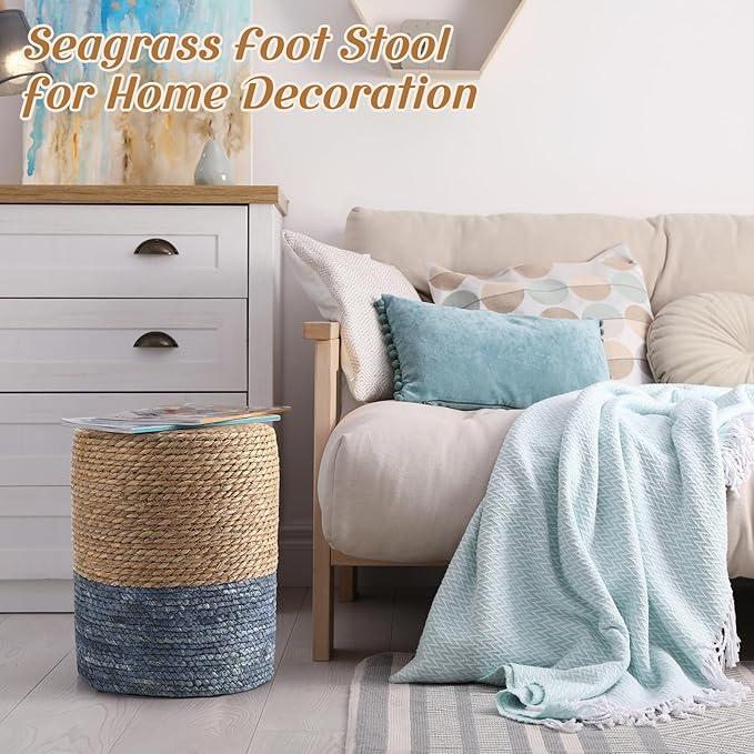 Barydat 2 Pcs 15'' Ottoman Pouf Natural Seagrass Braided Poof Hand Weaving - Image 2