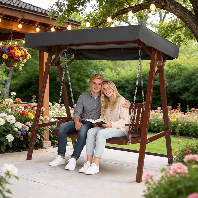 VINGLI Porch Swing with Stand, Wooden Swing & Stand with Canopy, Hanging Swing - Image 2