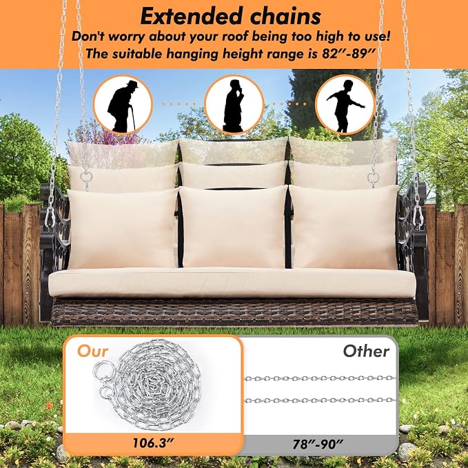 3-Person Wicker Porch Swing Chair Heavy Duty 900 LBS Outdoor Rattan Patio Swing - Image 5