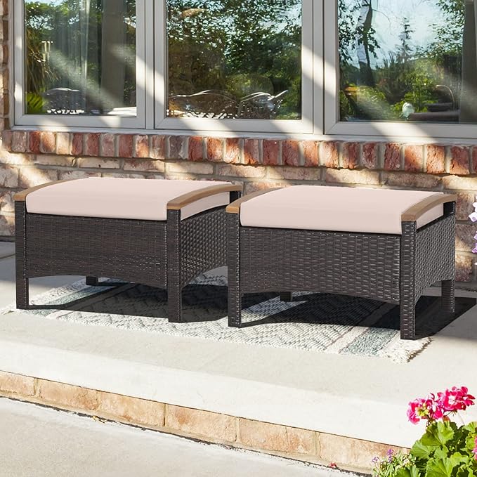 ORALNER Outdoor Ottoman, All-Weather Wicker Foot Stools w/Removable Cushions by ORALNER
