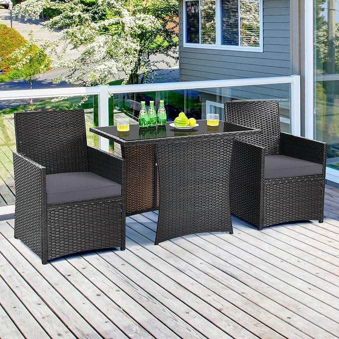 Tangkula 3 Pieces Patio Dining Set, Space-Saving PE Rattan Bistro Set - Image 2