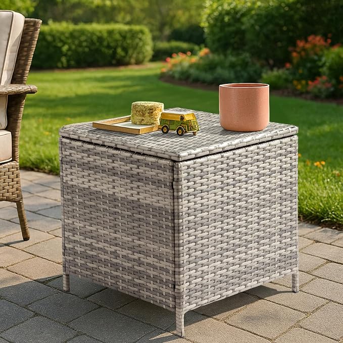 VINGLI Outdoor Side Table with Storage, 27-Gallon Patio Deck Box Outdoor Wicker by VINGLI