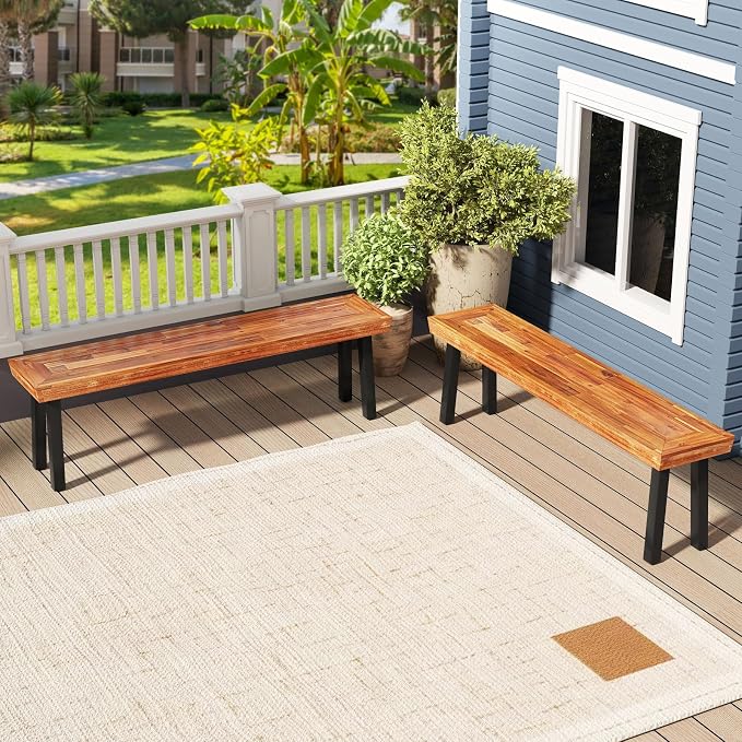 COSTWAY Set of 2 Outdoor Acacia Wood Benches, 2-3 People Backless Garden Benches - Image 2