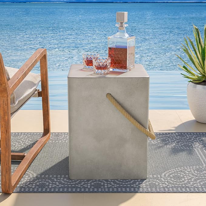 COSIEST Concrete Side Table, Rectangular Outdoor Side Table w Hemp Rope Handles by COSIEST
