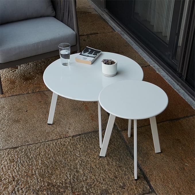 Outdoor Patio Coffee Table Set of 2, Weather Resistant End Table, Round Nesting - Image 2