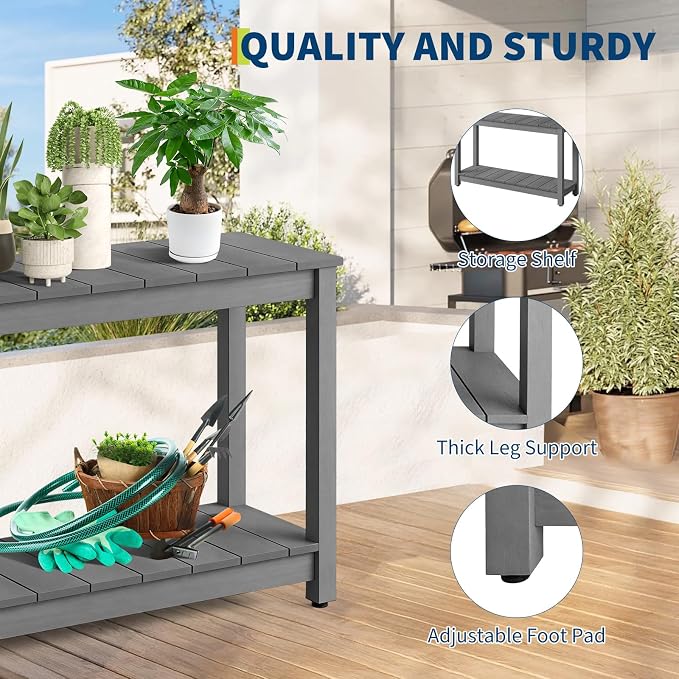GarveeLife 48 Inch Outdoor Console Table, Wood All-Weather Side Table, 2-Tier - Image 5
