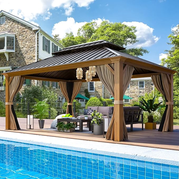 EROMMY 12'x16' Hardtop Gazebo, Wood Grain Aluminum Frame Outdoor Gazebo - Image 8