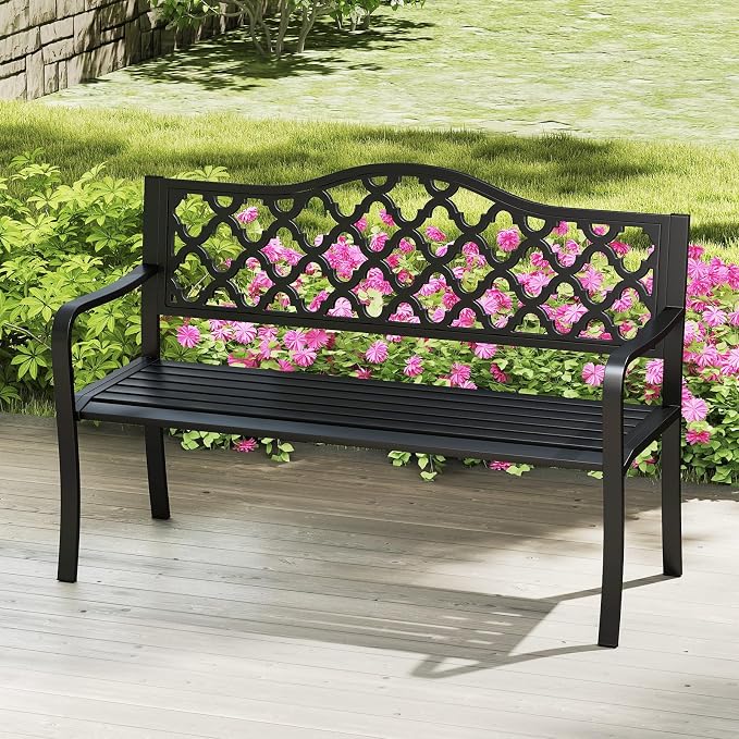 Tangkula 50.5” Metal Outdoor Park Bench, Slatted Patio Garden Bench - Image 4