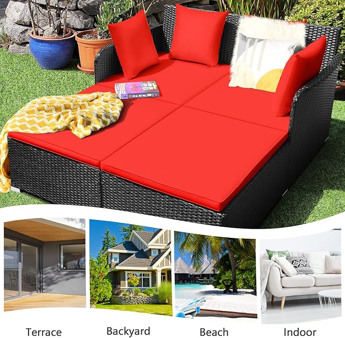 HAPPYGRILL Outdoor Rattan Daybed Patio Loveseat Sofa Set - Image 5