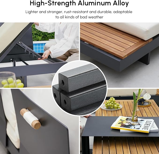 homary 6 Piece Aluminum & Teak Outdoor Sofa Set, Patio Conversation Sets - Image 4