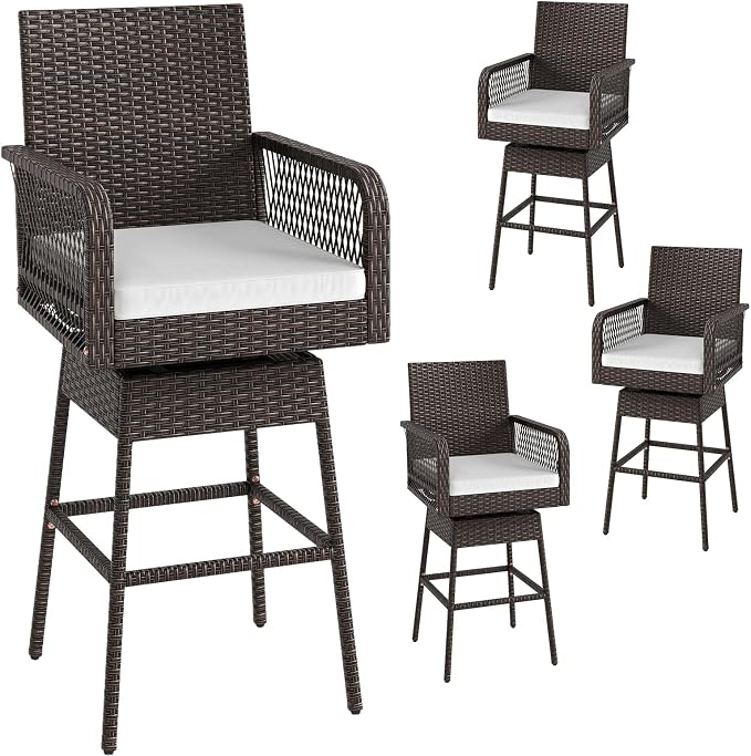ORALNER Outdoor Wicker Swivel Bar Stools Set of 4, Footrest & Seat Cushion by ORALNER