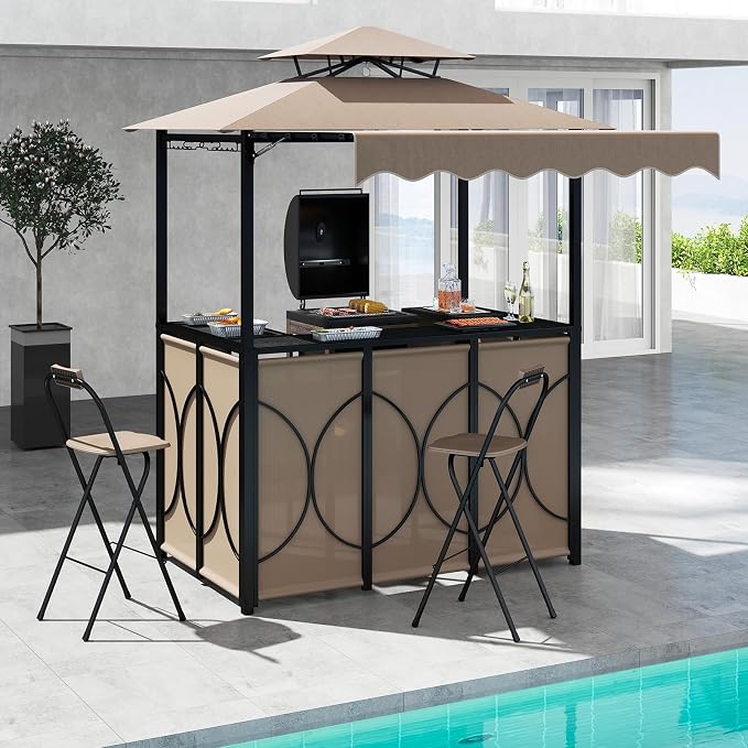 Tangkula 3 Piece Patio Bar Set, Grill Gazebo & 2 Foldable Bar Stools - Image 2