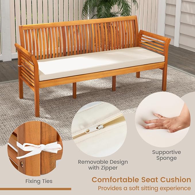 HAPPYGRILL 3-Person Outdoor Bench Acacia Wood Porch Bench, Garden Bench - Image 9