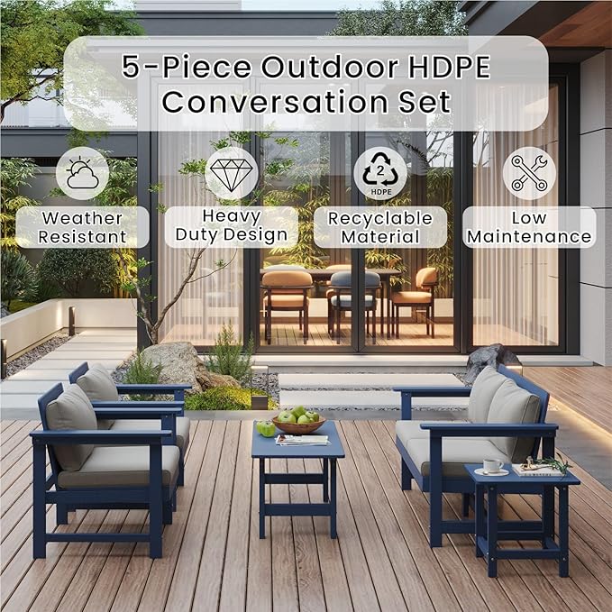5-Piece Patio Conversation Sets, Weatherproof HDPE Sectional Furniture Set - Image 3