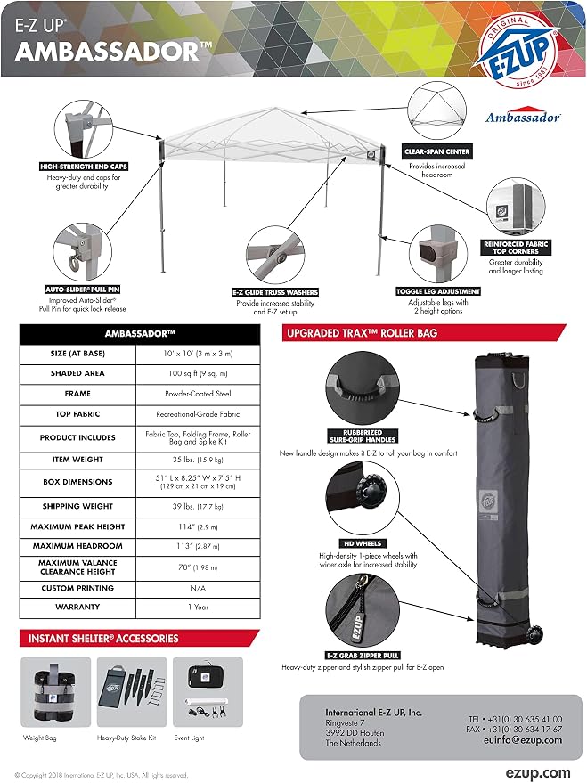 E-Z UP Ambassador Instant Pop Up Canopy Tent, Roller Bag and 4 Piece Spike Set - Image 13