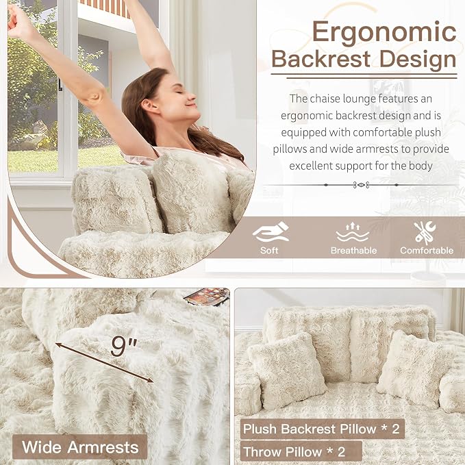 56" W Oversized Chaise Lounge Chair Indoor, Plush Faux Fur Sleeper Couch Sofa - Image 4