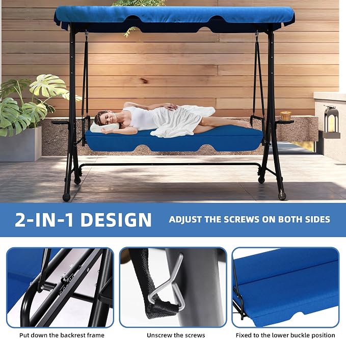 3 Seat Patio Swing with Canopy, Outdoor Porch Swing with Stand - Image 3