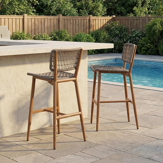 PURPLE LEAF Bar Stools Set of 4 Patio Wicker Bar Height Metal Chairs Boho High - Image 3