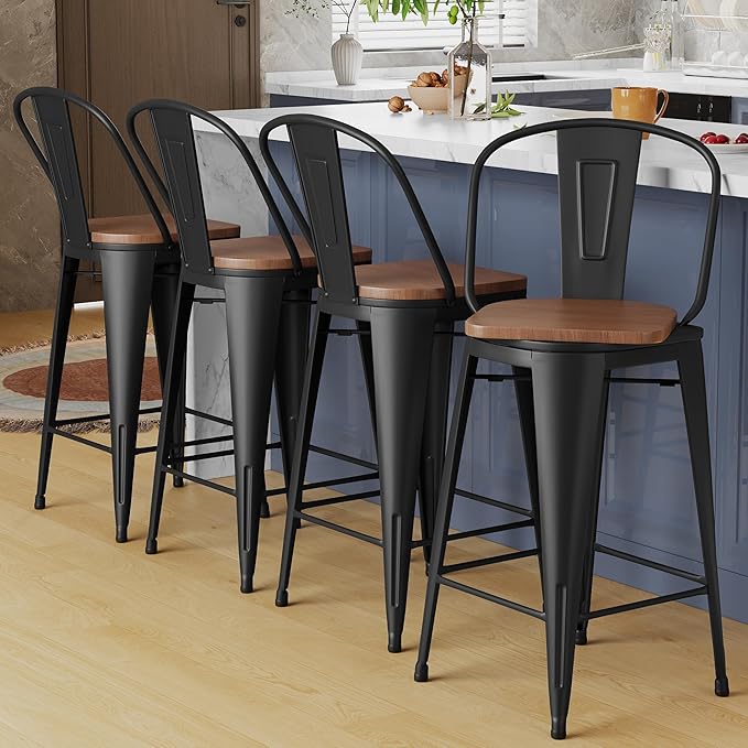 Alunaune 26" Swivel Metal Bar Stools Set of 4 High Back Counter Height by HomeFurniture