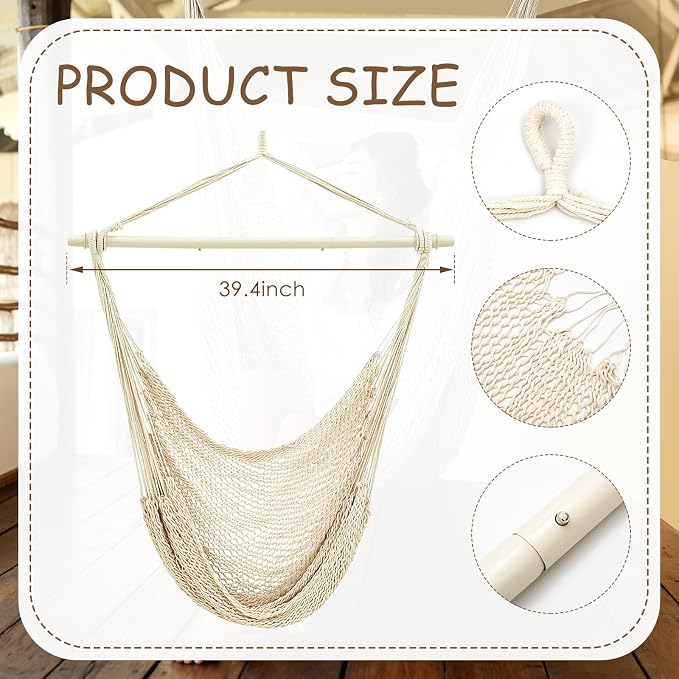 Barydat 2 Pcs Hanging Hammock Chair Boho Swing Chair Indoor Outdoor Cotton Rope - Image 2