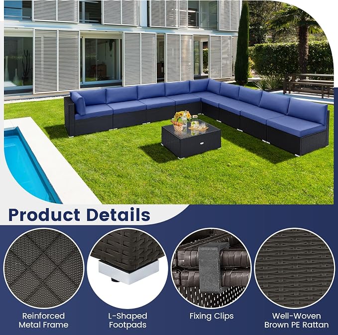 Tangkula 10 Pieces Patio Sofa Set, Outdoor Wicker Conversation Set - Image 6