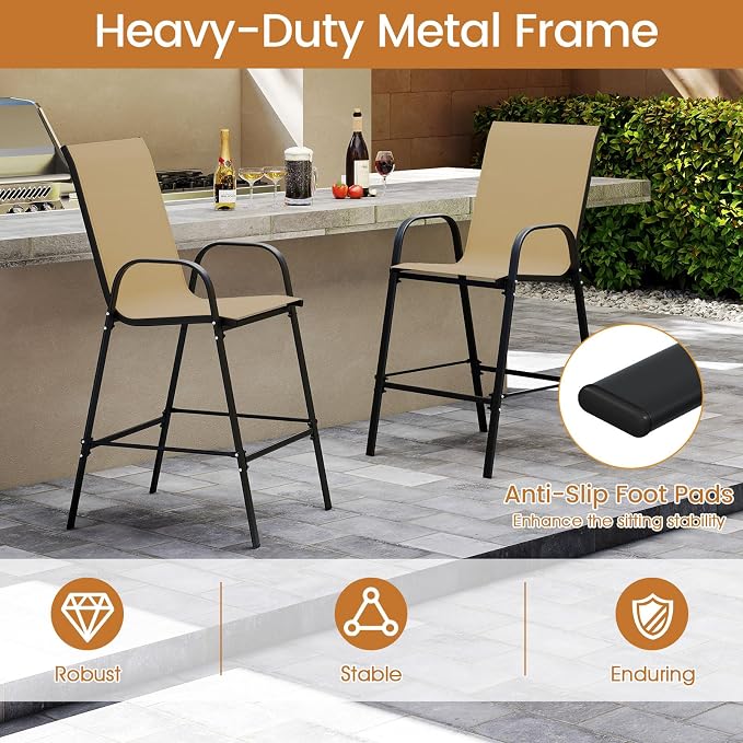 Tangkula Outdoor Bar Stools Set of 2, Enlarged Seat & Metal Frame, Tall Patio - Image 6