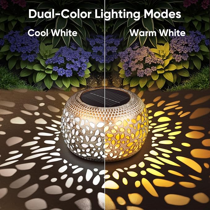 Solar Lanterns Outdoor Waterproof: 2 Pack White Gold Hollow Out Metal Solar - Image 3