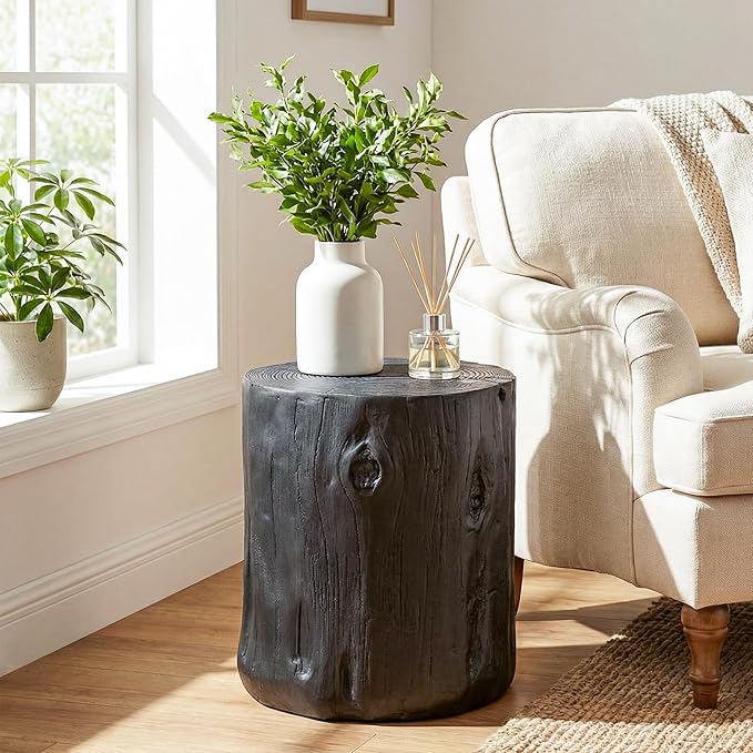 COSIEST Outdoor End Table Black Colored Faux Wood, Hand-Painted Wood Stump Stool - Image 5
