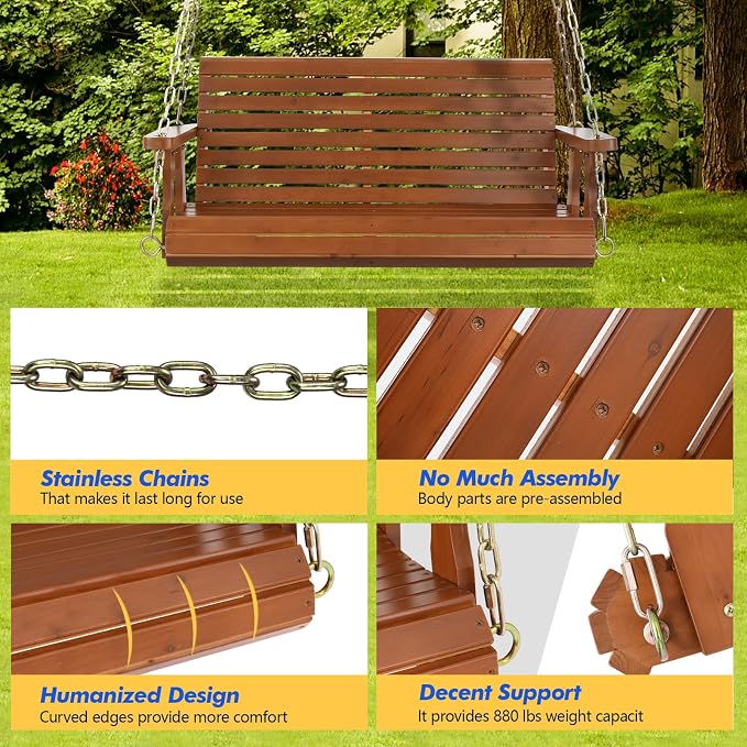 VINGLI Upgraded Patio Wooden Porch Swing - Image 4