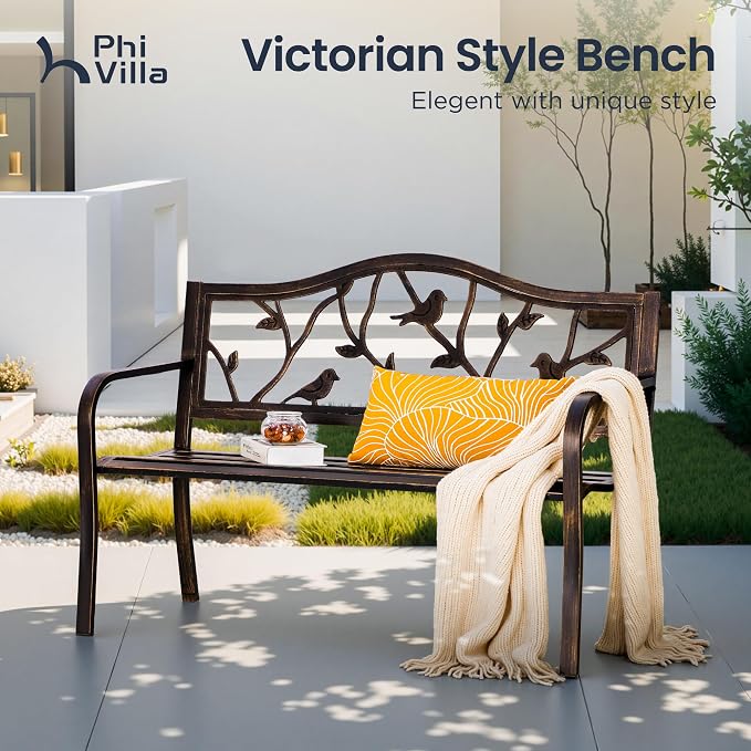 PHI VILLA Outdoor Garden Park Bench Patio 50" Metal Bench, Steel Frame Bench - Image 3