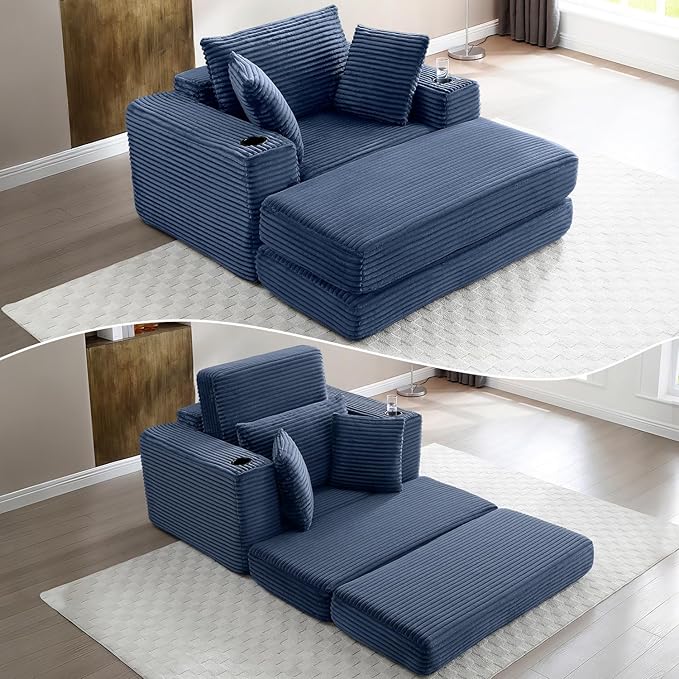 HANXIN 62" Chaise Lounge Chair Indoor, Oversized Corduroy Boneless Convertible by HANXIN