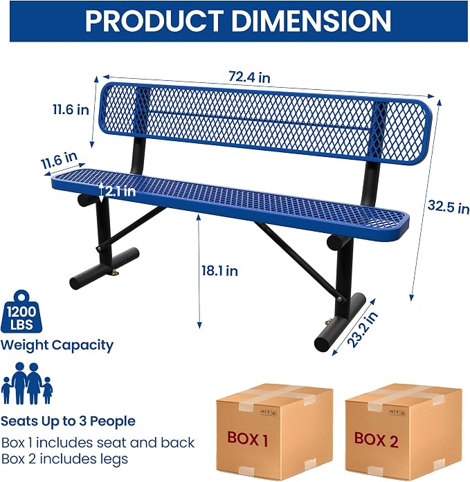 6 Feet Steel Park Bench for Outside, Outdoor Bench - Image 2